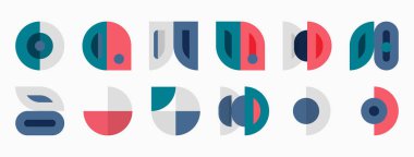 Abstract geometric shapes, colorful icons, minimalist design. Various circles, arcs, segments create playful patterns. Clean aesthetic.