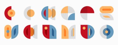 Geometric shapes, circles, rectangles, muted colors. Minimalist design, pattern repeats, visual elements arranged neatly.