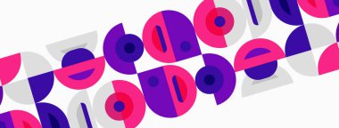 Soyut desen tekrarlayan daireler, kareler, pembe, mor renkler içerir. Modern tasarım ögesi, basit geometri, temiz estetik.