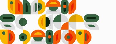 Soyut geometrik şekiller oyuncu metinler oluşturur. Renkler arasında zeytin, altın, terracotta, gri. Kompozisyon eski, modern hissettiriyor..