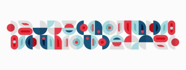 Soyut geometrik desen. Daireler, kareler, dikdörtgenler yatay şerit oluşturmaya devam ediyor. Orta çağ modern tarzı, sessiz renkler sunar.