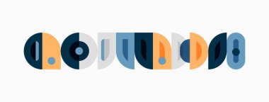 Soyut geometrik şekiller biçimlendirilmiş sözcükleri oluşturur. Renkler mavi, bej, gri. Tekrarlayan elementlerle minimalist tasarım.