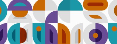 Geometric shapes repeat, creating abstract pattern. Colors include teal, orange, purple, gray. Modern design feels playful, balanced.
