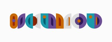 Renkli soyut şekiller kelime havası oluşturur. Tasarım yuvarlak elementler, canlı renkler, basit geometri içerir. Modern estetik.