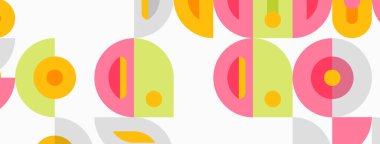 Retro pattern features overlapping semicircles, circles. Pastel colors create playful, modern aesthetic. Simple shapes repeat seamlessly.