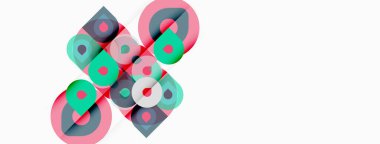 Soyut geometrik şekiller çakışıyor, renkli desenler yaratıyor. Pembe, deniz mavisi, gri daireler ve kareler kompozisyona hakim. Minimalist tasarım.