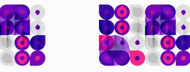 Geometrik desen daireler, kareler, pembe, mor renkler içerir. Minimalist tasarım beyaz arkaplanda tekrar eder. Modern estetik.