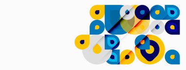 Abstract geometric shapes overlap. Blue, yellow hues dominate composition. Modern design, clean lines present visual interest.