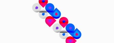 Soyut tasarım, kırmızı, mavi ve gri renkli daireleri tekrarlıyor. Şekiller örtüşüyor ve dinamik görsel desen oluşturuyor. Minimalist estetik.