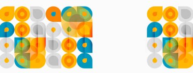 Geometrik desen. Kareler, daireler, dikdörtgenler tekrar edin. Turuncu, mavi, yeşil renkler tasarımda baskın. Minimalist estetik.