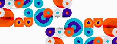 Soyut daireler çakışıyor, canlı geometrik desenler yaratıyor. Turuncu, mavi, mor renkler beyaz arkaplana hakim. Modern tasarım ögesi.