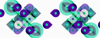 Soyut geometrik desen. Çemberler, kareler örtüşüyor ve canlı görsel doku oluşturuyor. Mor, deniz mavisi egemen tasarım. Minimalist estetik.