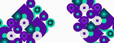 Soyut şablon yuvarlak kareler ve daireler içeriyor. Mor, deniz mavisi renkleri beyaz arkaplana hakim. Tekrarlayan tasarım modern estetik yaratır.