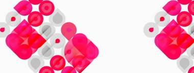 Soyut geometrik desen. Pembe, kırmızı daireler, kareler üst üste beyaz arkaplan. Modern tasarım ögesi, basit kompozisyon.