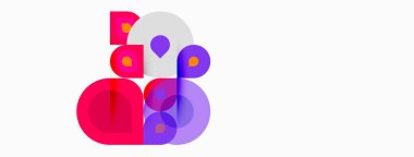 Soyut şekiller, canlı pembeler, morlar, beyazlar dinamik bileşim oluşturur. Üst üste binen daireler, kareler hareketi, enerjiyi akla getiriyor. Modern tasarım.