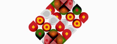 Renkli kareler tekrarlayan dairesel desenler gösterir. Kırmızı, yeşil, turuncu, bej renkler kompozisyona hakim. Geometrik tasarım görsel doku yaratır.