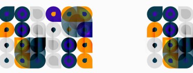 Geometrik desenler tekrar ediyor. Çemberler, kareler, dikdörtgenler soyut tasarım oluşturarak örtüşüyor. Renkler arasında mor, turuncu, deniz mavisi, gri.