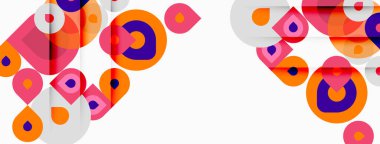 Soyut geometrik şekiller, canlı renkler, üst üste binen daireler, kareler, oyuncu tasarım. Modern estetik, temiz çizgiler, parlak kompozisyon.