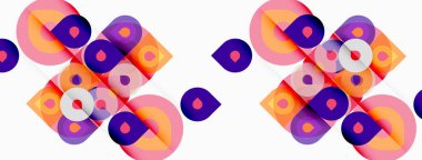 Soyut geometrik desen. Üst üste binen daireler, kareler canlı, renkli bir tasarım yaratıyor. Modern estetik, tekrarlayan motif.