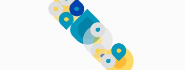 Soyut geometrik şekiller çakışıyor ve renkli görsel kompozisyon oluşturuyor. Çemberler, kareler, dikdörtgenler modern tasarım elementlerini sunar.