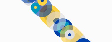 Soyut daireler örtüşüyor, canlı renk kalıpları yaratıyor. Sarı arkaplan kontrastı sağlar, basit geometrik tasarım.