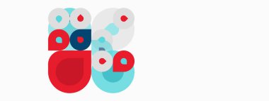 Abstract colorful circles overlap, creating playful composition. Red, blue, white hues dominate simple design. Modern aesthetic.