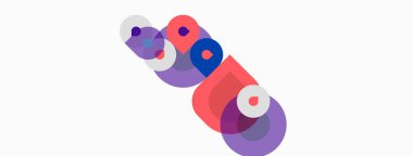 Soyut geometrik şekiller örtüşür, canlı renk bileşimi yaratır. Çemberler, kareler, dikdörtgenler dinamik görsel desen oluşturur.