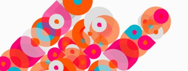 Soyut daireler çakışıyor, canlı desenler yaratıyor. Pembe, turuncu, mavi renkler kompozisyona hakim. Modern tasarım, basit şekiller..