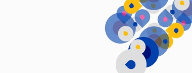 Soyut çemberler örtüşüyor ve canlı bir kompozisyon oluşturuyor. Maviler, sarılar, pembeler beyaz arkaplana hükmediyor. Modern tasarım ögesi.