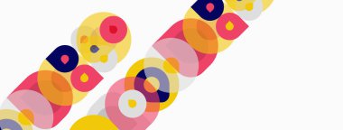 Soyut renkli daireler çakışıyor, dinamik desenler yaratıyor. Beyaz arka planda parlak renklerin karşıtlığı. Modern tasarım ögesi.