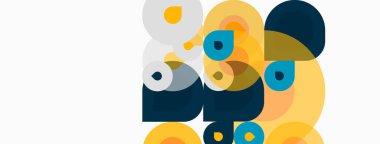 Üst üste binen daireler, farklı boyutlarda, sessiz sarı, deniz mavisi renkler içeren soyut bir kompozisyon. Minimalist tasarım, temiz estetik, modern sanat eserleri.