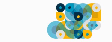 Üst üste binen daireler, kareler içeren soyut bir kompozisyon. Renkler mavi, sarı, yeşil, gri. Minimalist tasarım, temiz estetik.