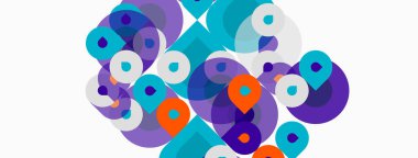 Üst üste binen daireler içeren soyut kompozisyon. Mor, deniz mavisi, turuncu renkler dinamik görsel doku yaratır. Modern tasarım ögesi.