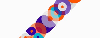 Soyut renkli çemberler beyaz arkaplanla örtüşüyor. Modern tasarım, canlı renkler dinamik kompozisyon yaratır. Basit geometri, eğlenceli estetik.