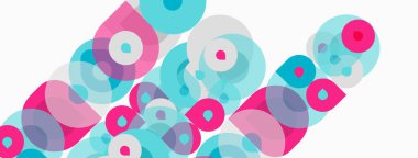 Üst üste binen daireler içeren soyut kompozisyon. Pembe, turkuaz, lavanta renkleri dinamik görsel doku yaratır. Minimalist tasarım, modern estetik.