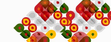 Soyut geometrik desen. Üst üste binen kareler, daireler, canlı renkler dinamik görsel doku oluşturur. Modern tasarım ögesi.