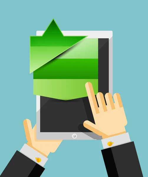 Business man mani su tablet mobile con finestra di dialogo web — Vettoriale Stock