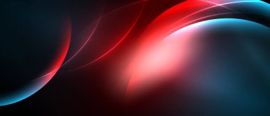 Abstract design features flowing curves, vibrant red, cool blue hues. Dramatic lighting creates dynamic visual impact. Smooth gradients dominate composition.