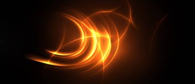 Parlak turuncu çizgiler koyu arkaplanda dönüyor. Soyut enerji merkezi noktadan yayılarak dinamik görsel etki yaratır..