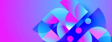 Soyut şekiller, canlı renkler, dinamik kompozisyon. Gradyan renkler modern görsel deneyimler yaratır. Düz eğriler, çakışan biçimler.