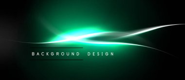 Koyu yeşil arka planda parlak ışık çizgileri var. Modern tasarım elementleri dinamik görsel efekt yaratır. Metin arkaplan tasarımı okur.