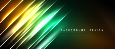 Soyut çapraz çizgiler canlı bir değişim etkisi yaratır. Koyu arkaplan parlak neon renkleri ve modern tasarım elementini vurgular.