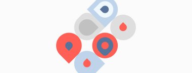 Soyut tasarım üst üste binen daireler, kırmızı, gri, mavi renkler. Minimalist kompozisyon, temiz çizgiler, modern estetik. Basit geometri resme hakim olur.