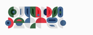 Soyut geometrik şekiller oyuncu bir kompozisyon oluşturur. Çemberler, kareler, dikdörtgenler modern tasarım yaratarak örtüşüyor. Renkler arasında yeşil, mavi, kırmızı, gri.