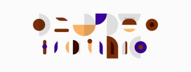 Soyut geometrik şekiller, sessiz renkler, minimalist tasarım. Kompozisyonda daireler, dikdörtgenler, çizgiler, şekiller var. Modern estetik.