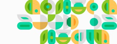 Soyut grafik tasarımı renkli şekiller oluşturan metinler içerir. Yeşil, sarı renkler kompozisyona hakim. Modern, eğlenceli estetik..