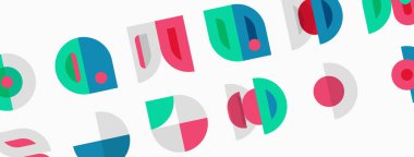 Soyut geometrik şekiller tekrar eder. Çemberler, kavisler, segmentler renkli desenler oluşturur. Minimalist tasarım, düz illüstrasyon, açık arkaplan.