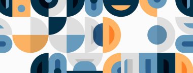 Soyut geometrik desen. Çemberler, yarı daireler, kavisler tekrarlayan dizaynlar yaratır. Mavi, turuncu, gri renkler kompozisyona hakim. Minimalist stil.