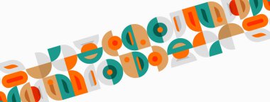 Retro tipografi kalıbı. Geometrik şekiller soyut harfler oluşturur, canlı renkler tasarıma hakim olur. Minimalist estetik, oyuncu kompozisyon.