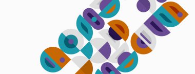 Soyut geometrik şekiller çakışıyor, renkli desenler yaratıyor. Daireler, kareler, dikdörtgenler dinamik bileşim oluşturur. Modern tasarım elemanları.